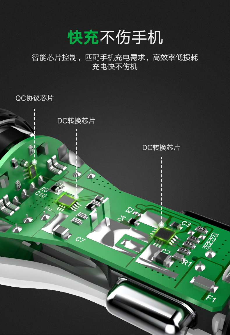 恒行6QC3.0车载充电器,一拖二双口通用车充