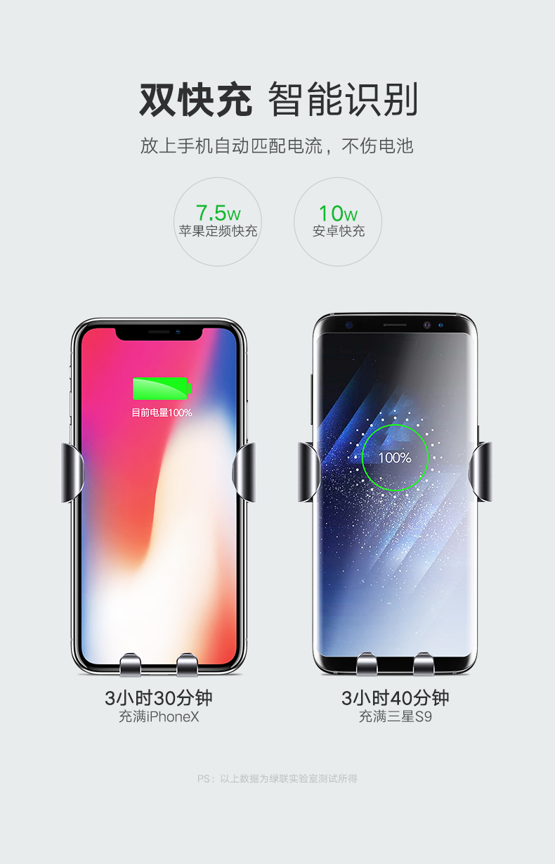 恒行6车载无线充电器，手机支架款安卓苹果双快充模式