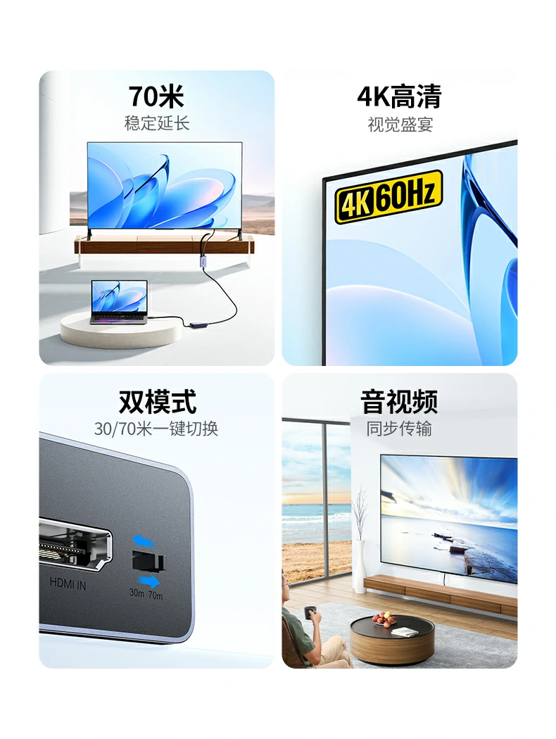 恒行6AT500 HDMI延长器采用RJ45网线接口设计，连接灵活方便
