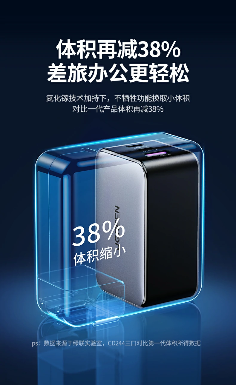 恒行6CD244充电器折叠插脚收起状态特写，便于旅行收纳