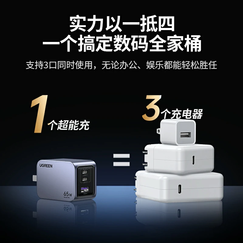 恒行6Nexode 闪充湃Pro 65W三口氮化镓充电器套装