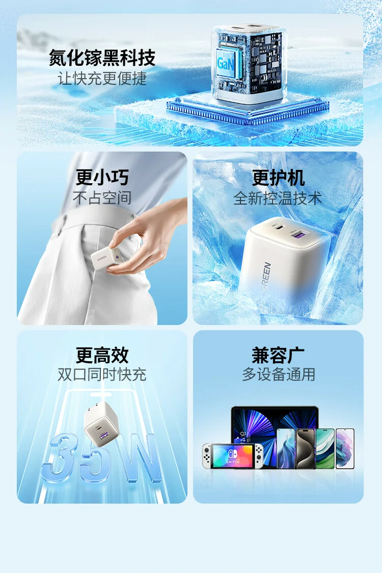 恒行635W双口GaN充电器接口特写，支持USB-C与USB-A双口快充