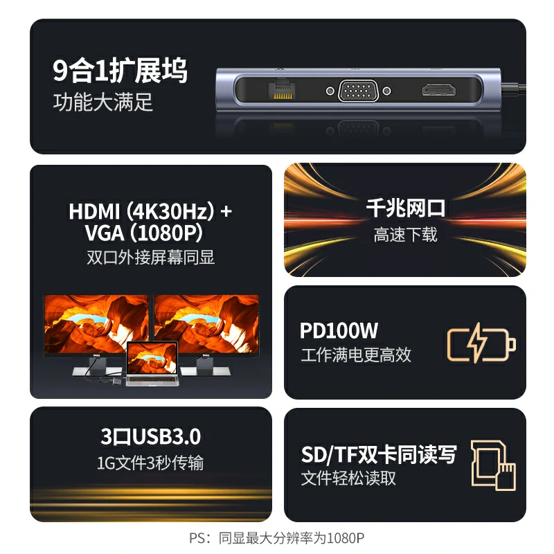 恒行6Type-C九合一千兆网口扩展坞