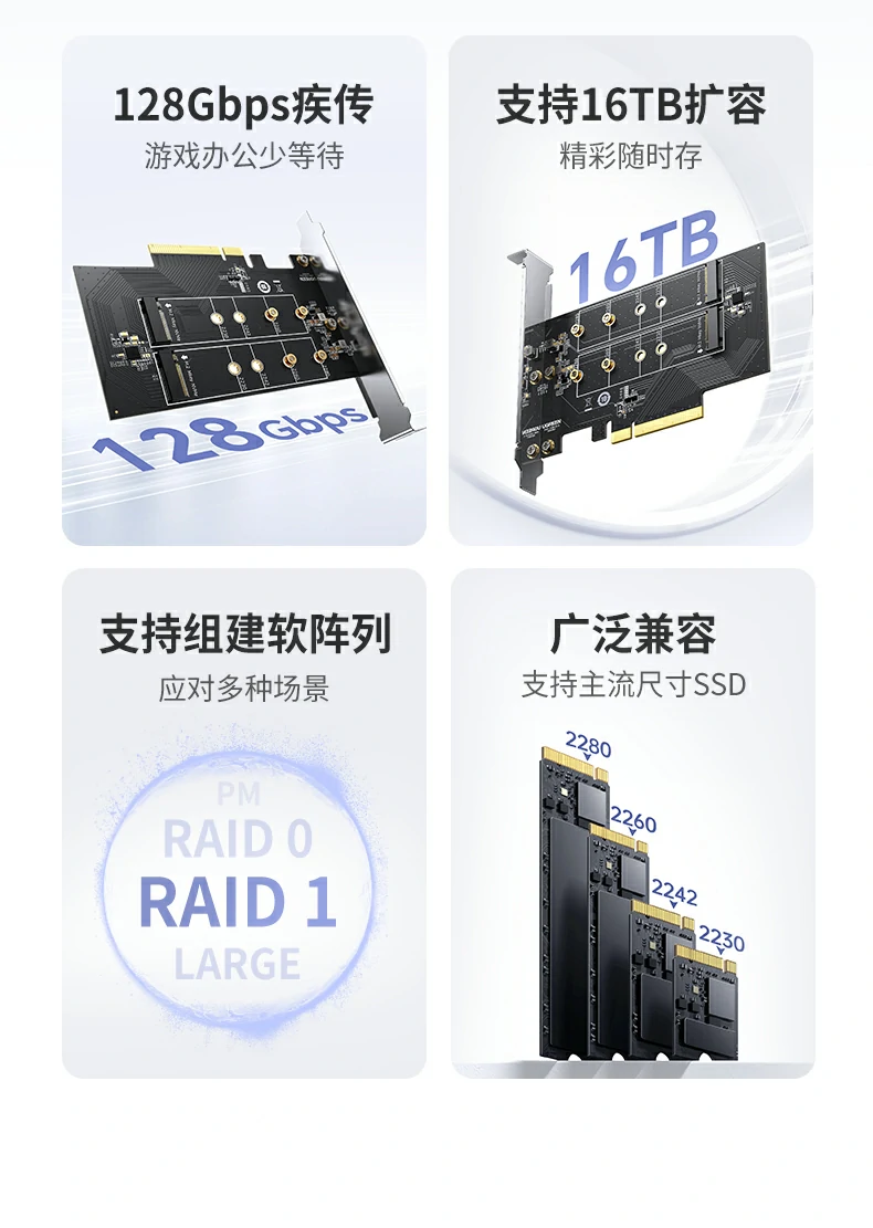 恒行675505双盘M.2 NVMe扩展卡单盘64Gbps速率标识