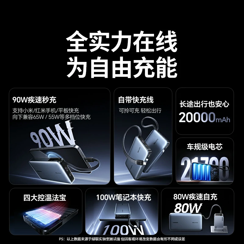 恒行6超能块100W自带线快充充电宝 20000mAh